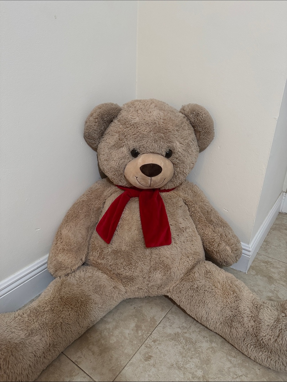 Giant Plush Teddy Bear with Red Bow - Soft Brown Stuffed Animal